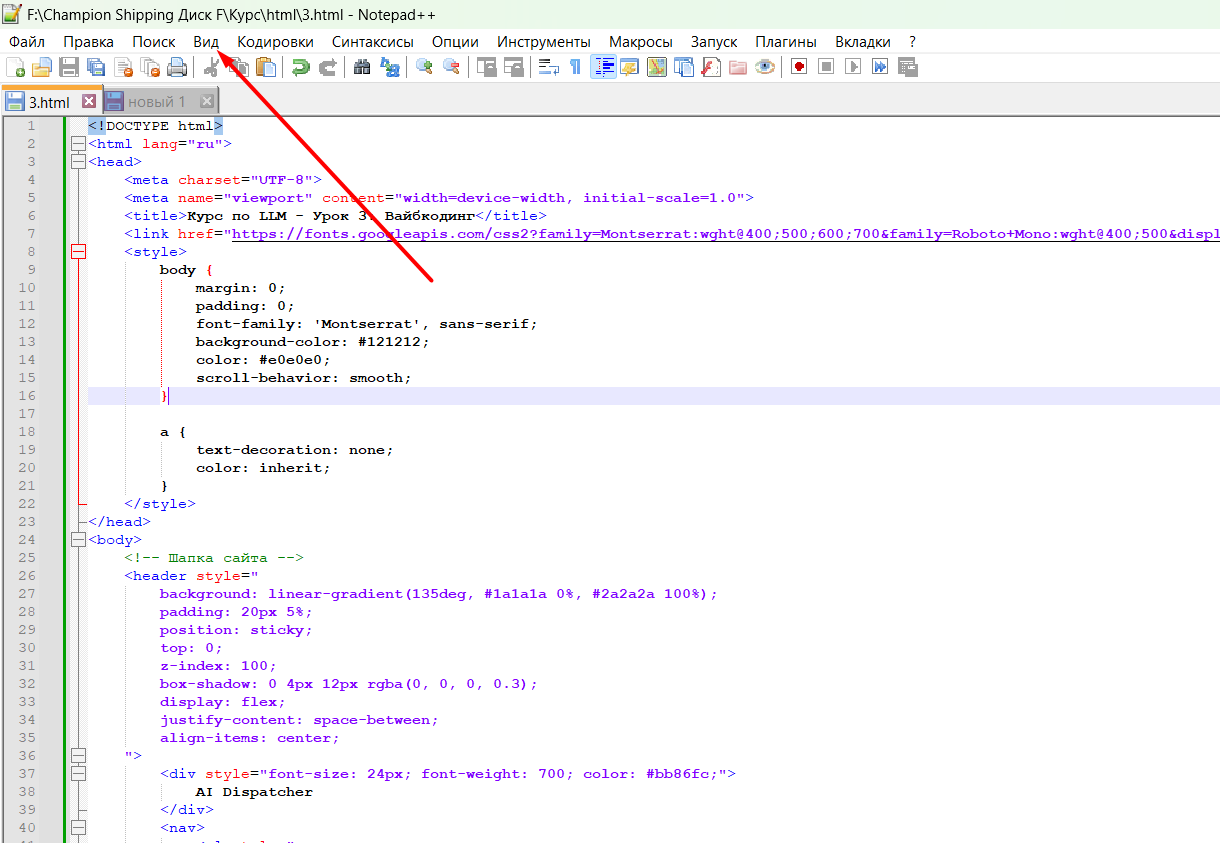 Меню Вид в Notepad++