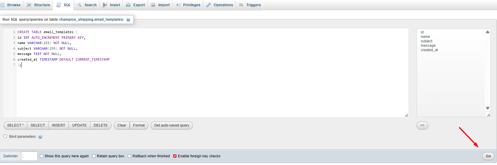 Вставка SQL-запроса в phpMyAdmin
